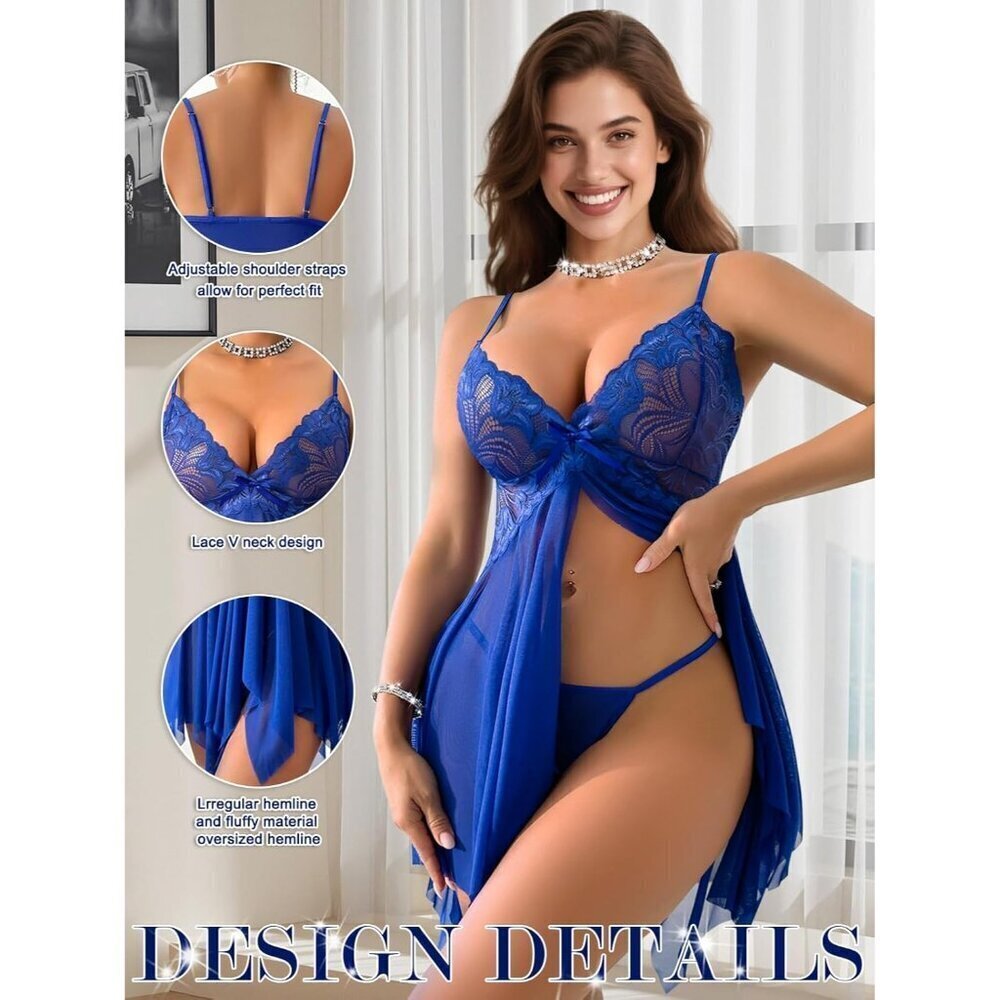 Women's Blue Sexy Front Closure Lace Babydoll Mesh Chemise Lingerie Set - Picture 5 of 6